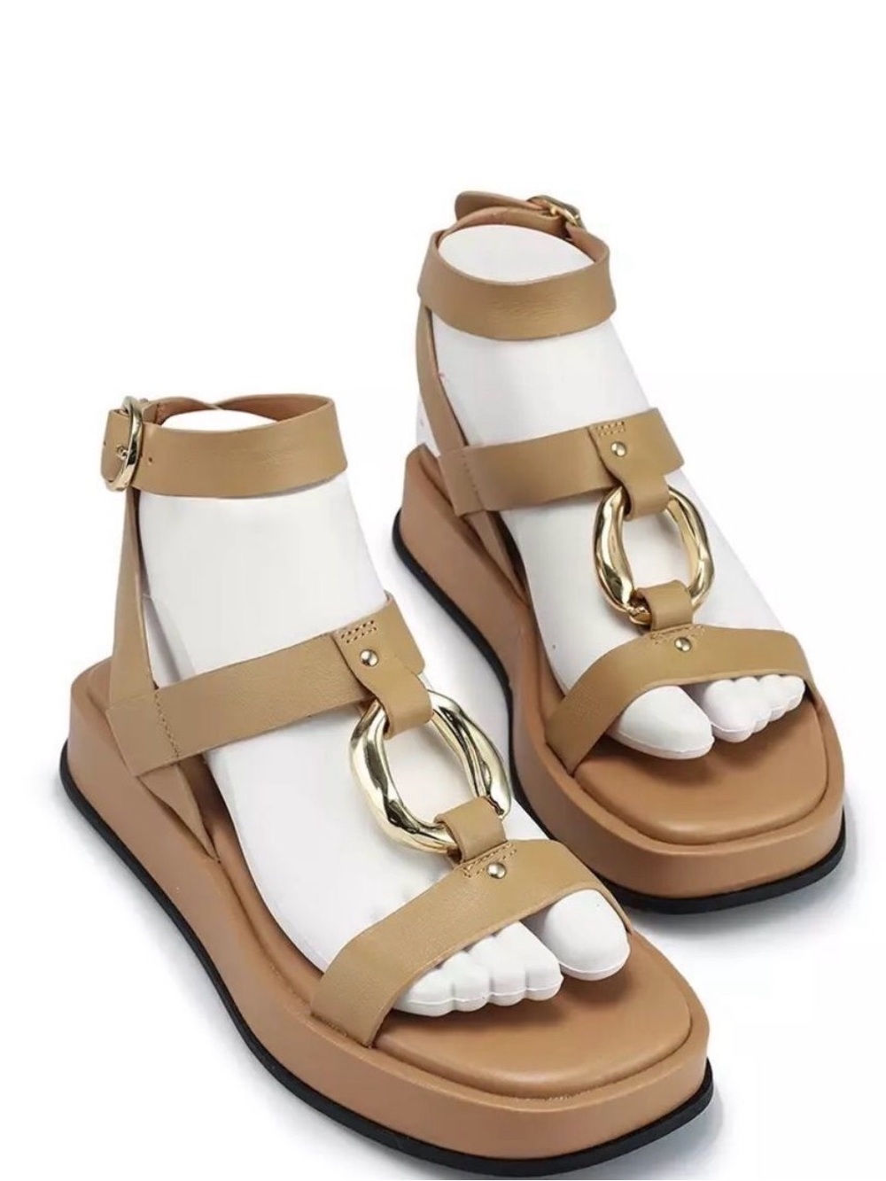 Zara Tan Leather Platform Sandals with Gold Ring Detail